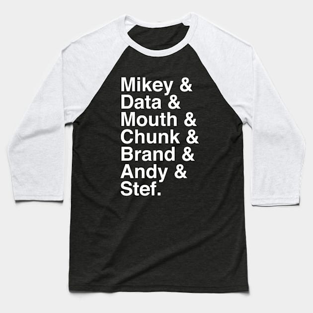 Mikey, Data, Mouth, Chunk, Brand, Andy & Stef Baseball T-Shirt by Three Meat Curry